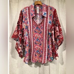 Aratta Silent Journey Button Up Top Sz M Floral Mesh Embroidered Velvet Boho